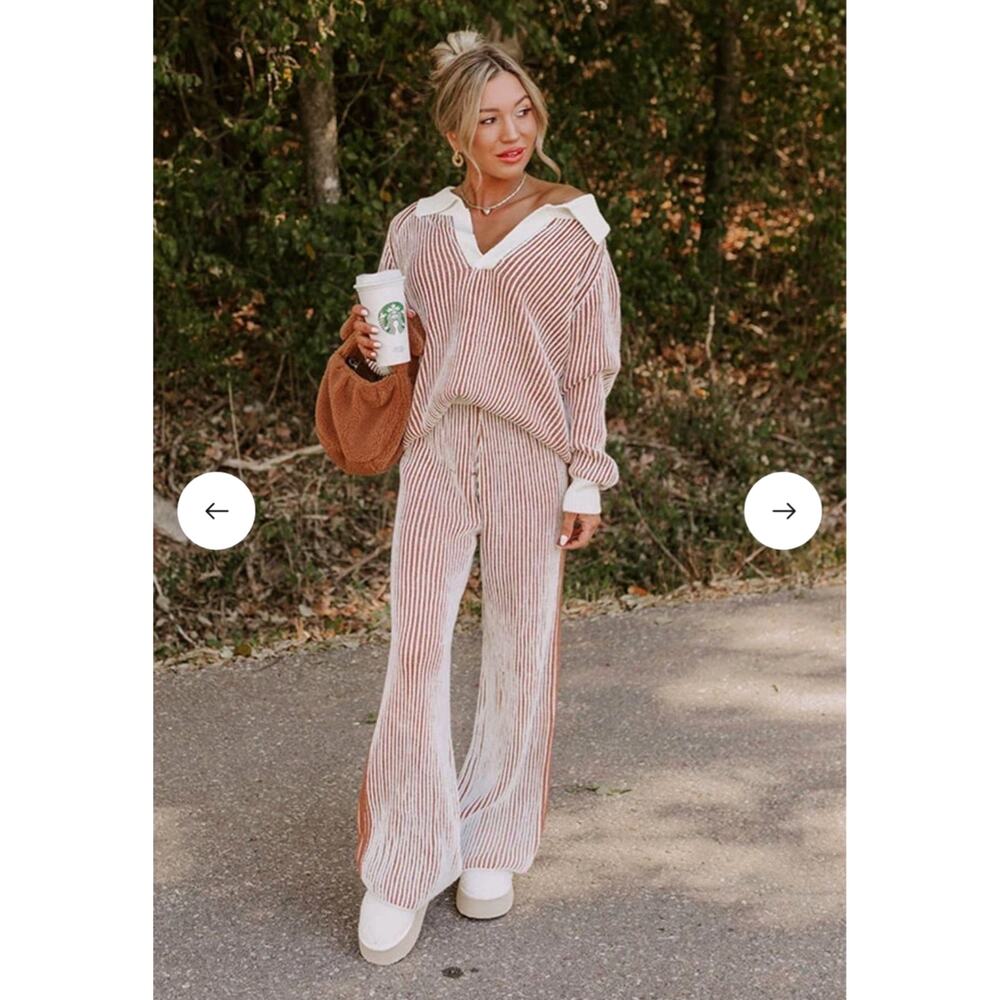 BiBi Brown Cream Striped Knit Two Piece Set Women’s Small Sweater Wide Leg Pants